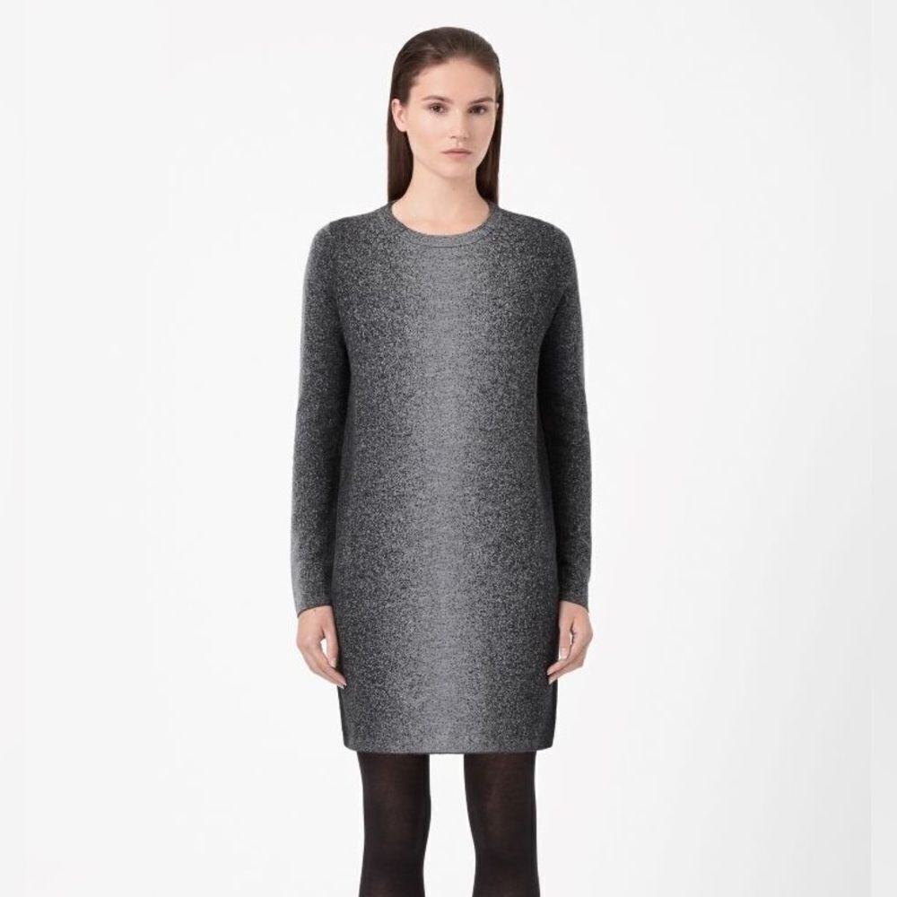 COS Sweater Dress Jacquard Tunic Jumper Wool Black Gray Long Sleeve Shift Small